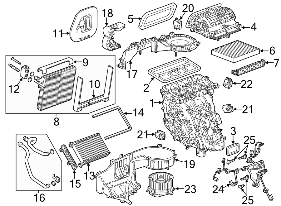 Diagram AIR CONDITIONER & HEATER. EVAPORATOR & HEATER COMPONENTS. for your 2017 Chevrolet Spark 1.4L Ecotec CVT LT Hatchback 