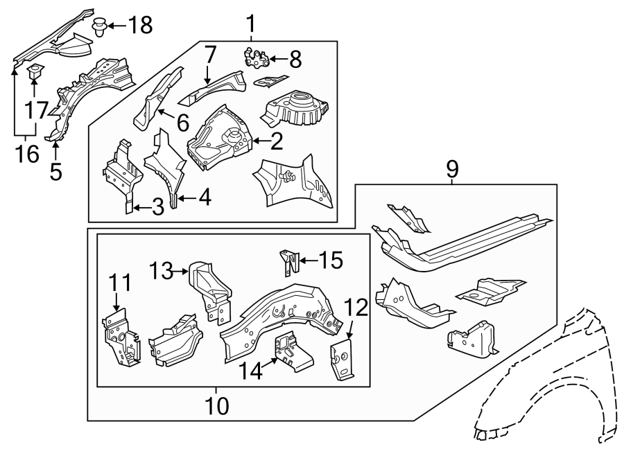 Diagram FENDER. STRUCTURAL COMPONENTS & RAILS. for your 2020 Chevrolet Suburban    