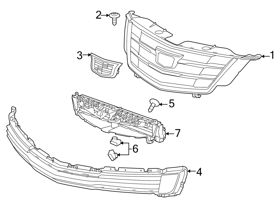 7FRONT BUMPER & GRILLE. GRILLE & COMPONENTS.https://images.simplepart.com/images/parts/motor/fullsize/BZ14012.png