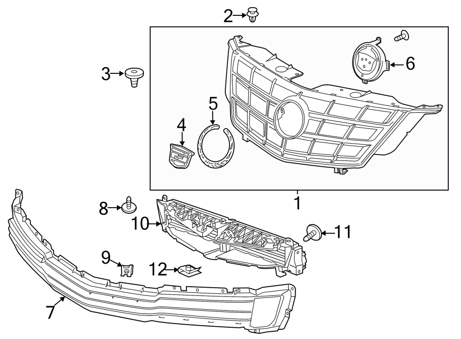 1FRONT BUMPER & GRILLE. GRILLE & COMPONENTS.https://images.simplepart.com/images/parts/motor/fullsize/BZ14015.png