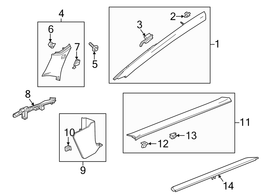 PILLARS. ROCKER & FLOOR. INTERIOR TRIM. Diagram