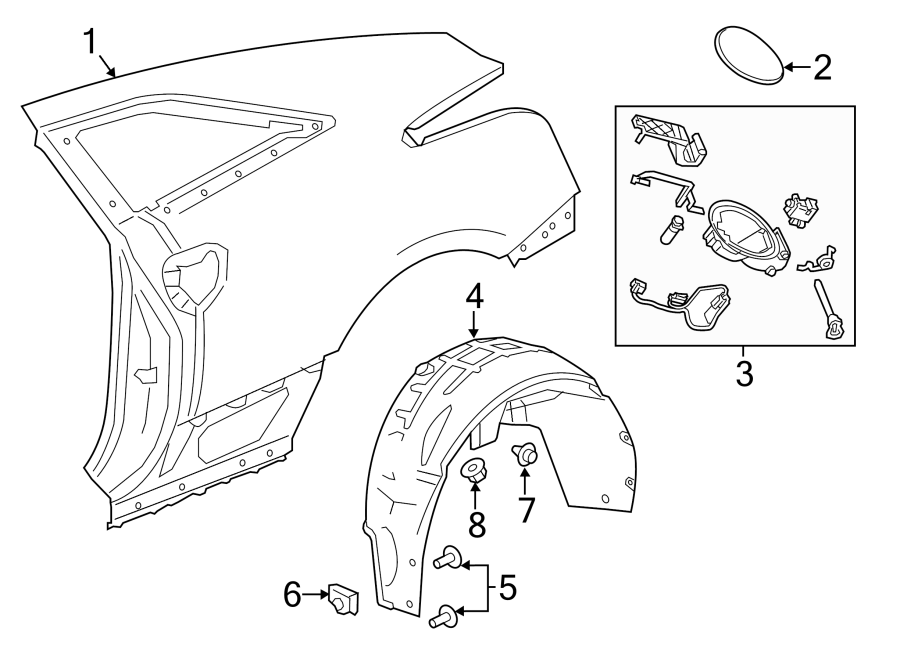 Diagram QUARTER PANEL & COMPONENTS. for your 2022 Cadillac XT4 Premium Luxury Sport Utility  