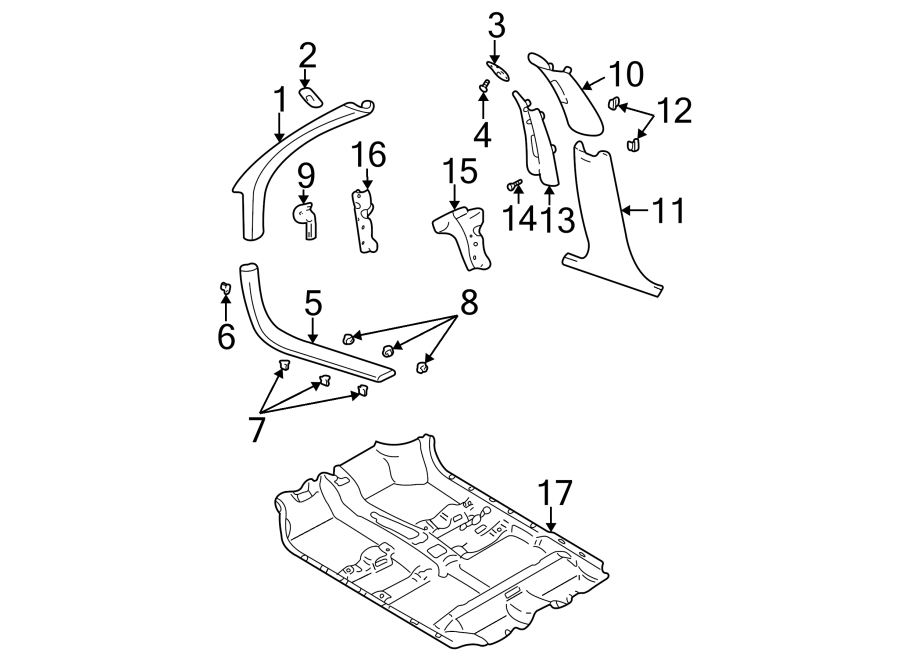 Diagram Pillars. Rocker & floor. Interior trim. for your 2005 Chevrolet Corvette   