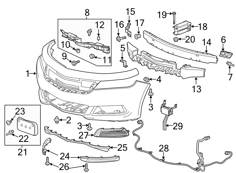 Diagram Front bumper & grille. Bumper & components. for your 2008 Chevrolet Malibu   