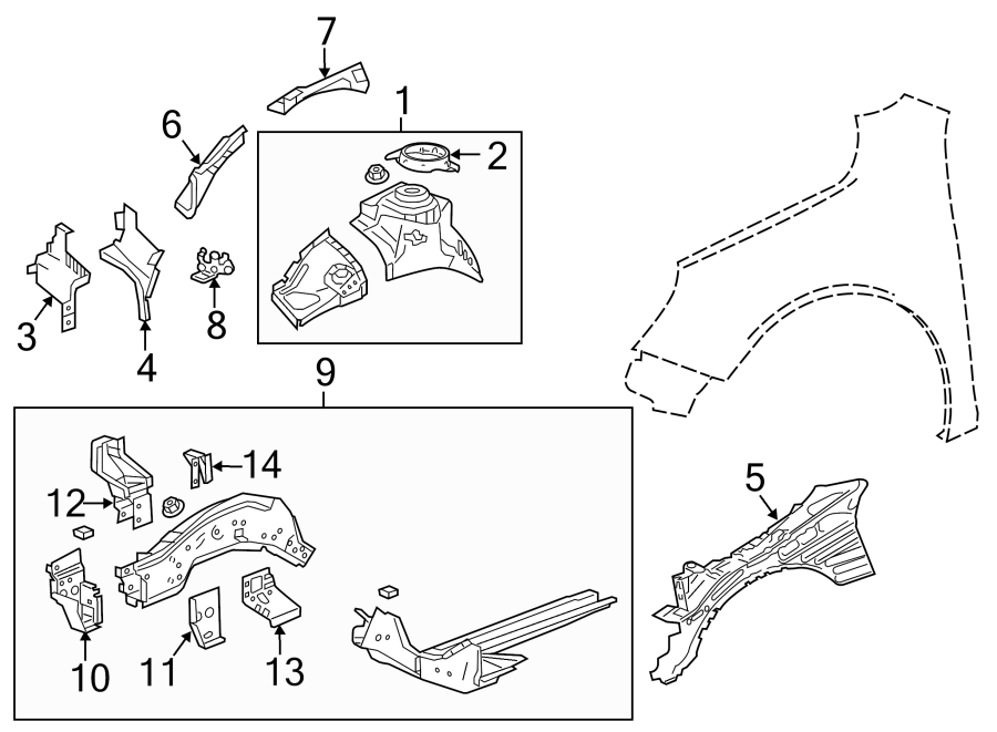 Diagram Fender. Structural components & rails. for your 2021 Chevrolet Camaro LT Coupe 2.0L Ecotec A/T 