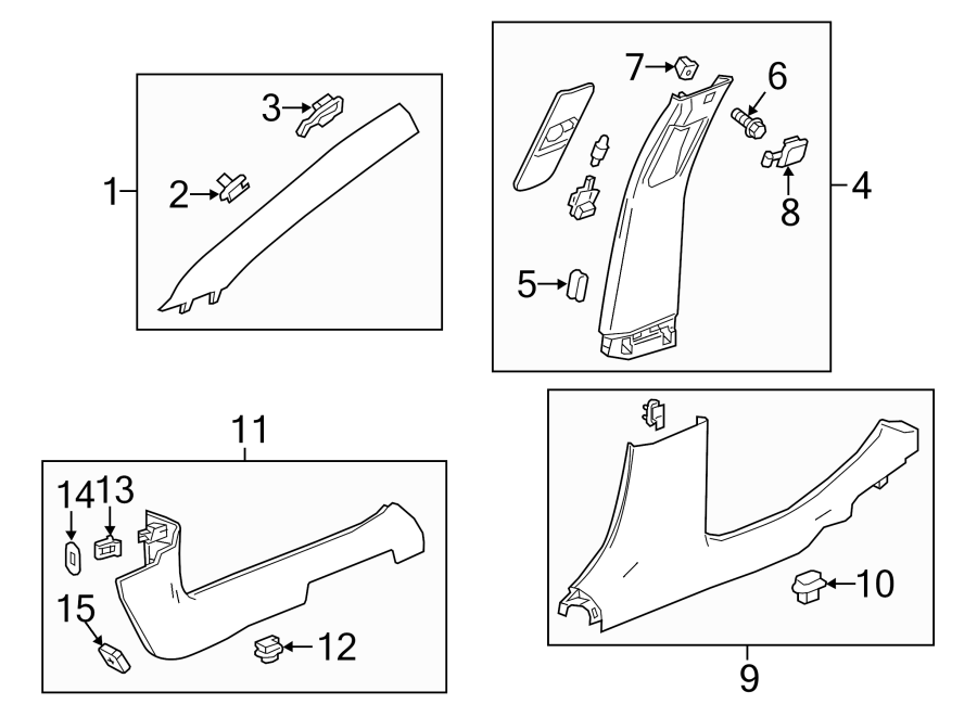 PILLARS. ROCKER & FLOOR. INTERIOR TRIM. Diagram