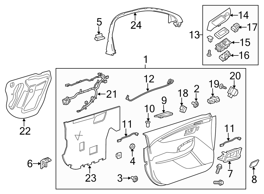 Diagram FRONT DOOR. INTERIOR TRIM. for your 2018 Cadillac ATS Luxury Coupe 2.0L Ecotec A/T AWD 