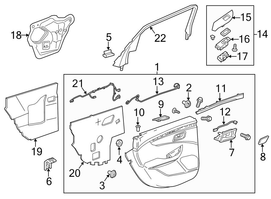 Diagram REAR DOOR. INTERIOR TRIM. for your 2021 GMC Sierra 2500 HD 6.6L Duramax V8 DIESEL A/T 4WD Base Extended Cab Pickup Fleetside 