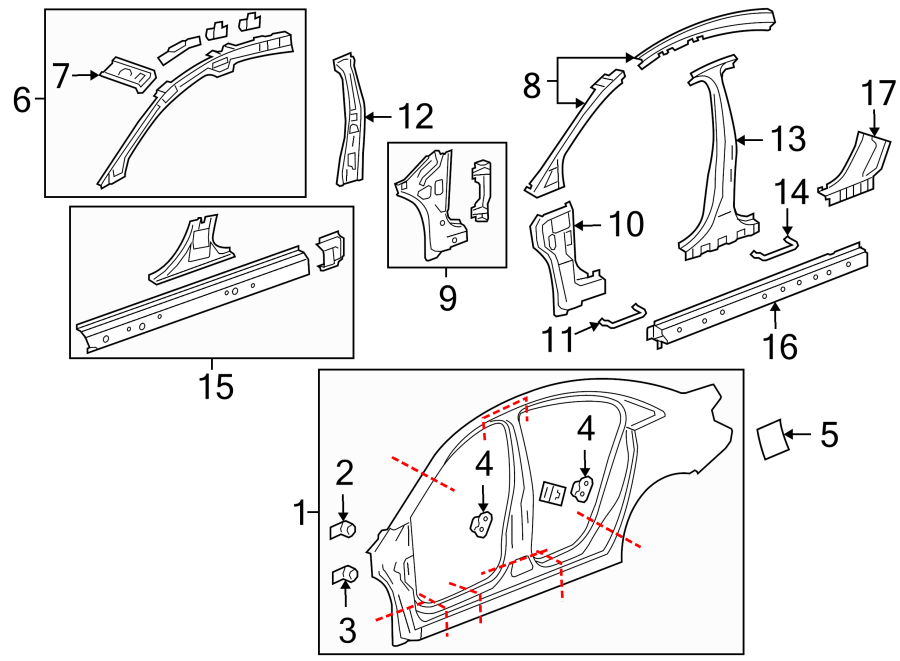 Diagram PILLARS. ROCKER & FLOOR. CENTER PILLAR & ROCKER. HINGE PILLAR. UNISIDE. for your Chevrolet Cruze  