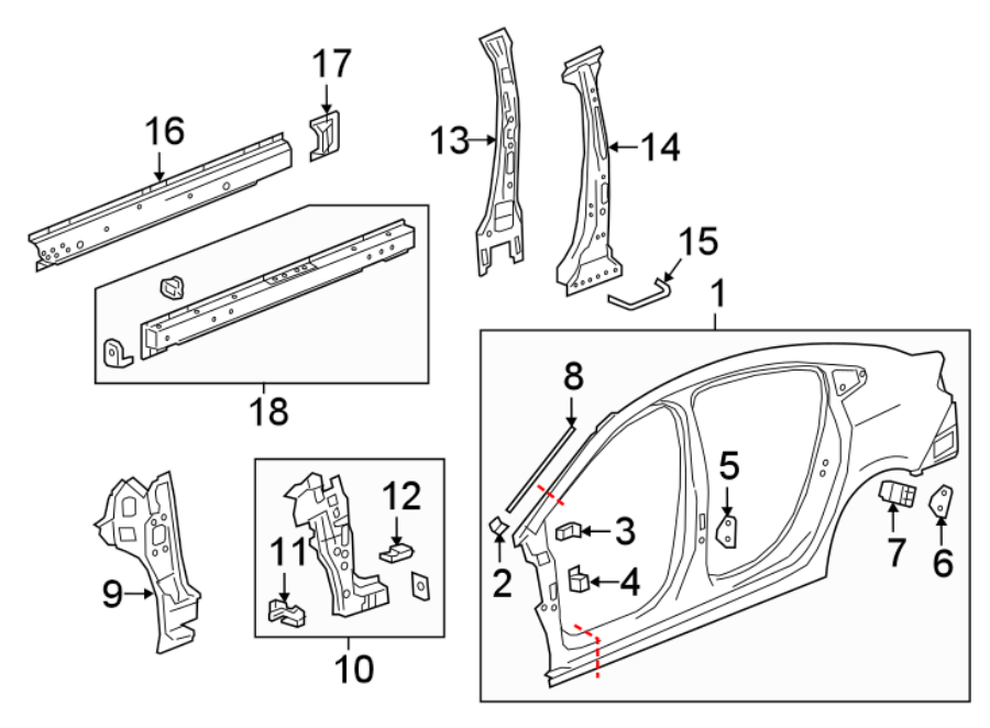 Diagram PILLARS. ROCKER & FLOOR. CENTER PILLAR & ROCKER. HINGE PILLAR. UNISIDE. for your 2021 GMC Sierra 2500 HD 6.6L Duramax V8 DIESEL A/T 4WD Base Extended Cab Pickup Fleetside 