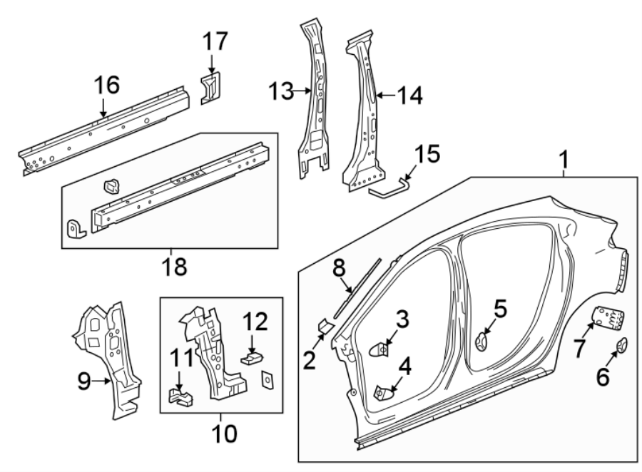 Diagram PILLARS. ROCKER & FLOOR. CENTER PILLAR & ROCKER. HINGE PILLAR. UNISIDE. for your 2021 GMC Sierra 2500 HD 6.6L Duramax V8 DIESEL A/T 4WD Base Extended Cab Pickup Fleetside 