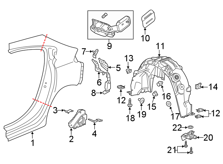 9QUARTER PANEL & COMPONENTS.https://images.simplepart.com/images/parts/motor/fullsize/CC16542.png