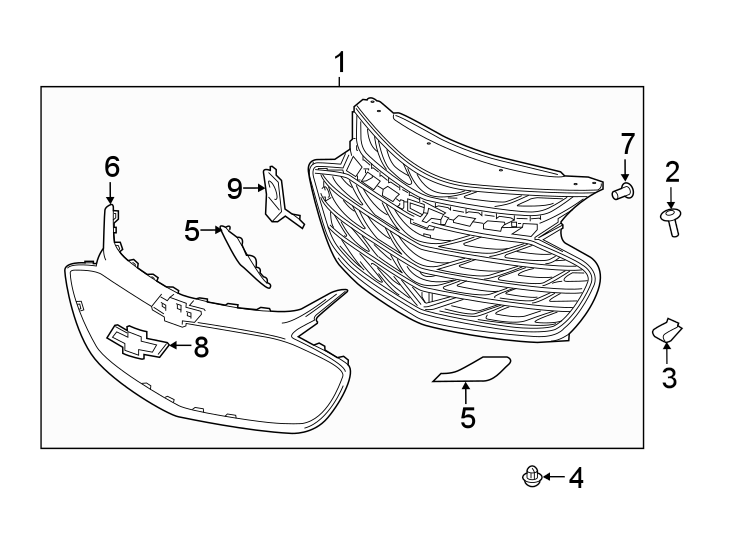 Diagram FRONT BUMPER & GRILLE. GRILLE & COMPONENTS. for your 2017 Chevrolet Equinox LS Sport Utility 2.4L Ecotec A/T FWD 