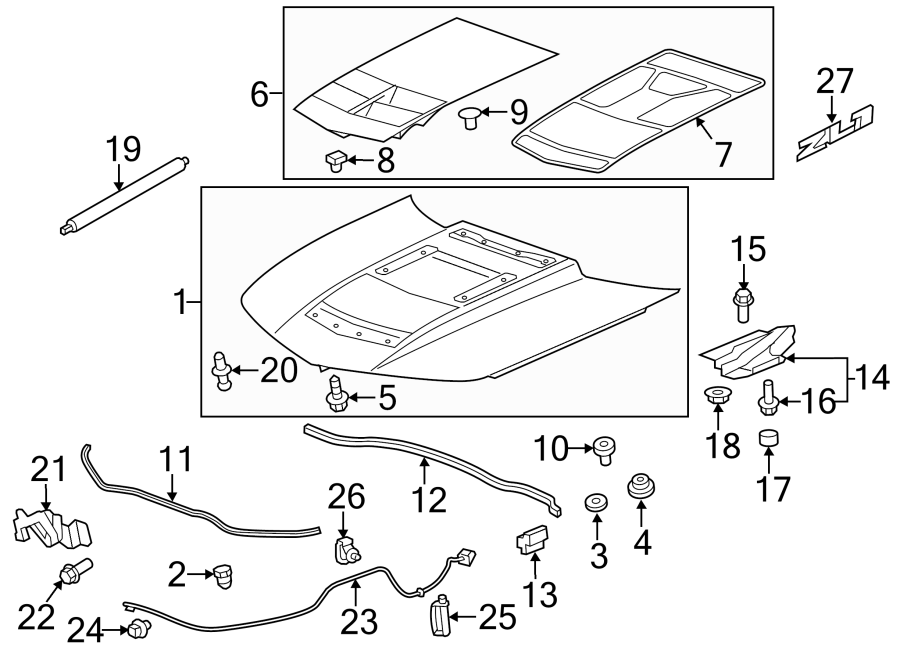 Diagram EXTERIOR TRIM. HOOD & COMPONENTS. for your 2022 Chevrolet Camaro   