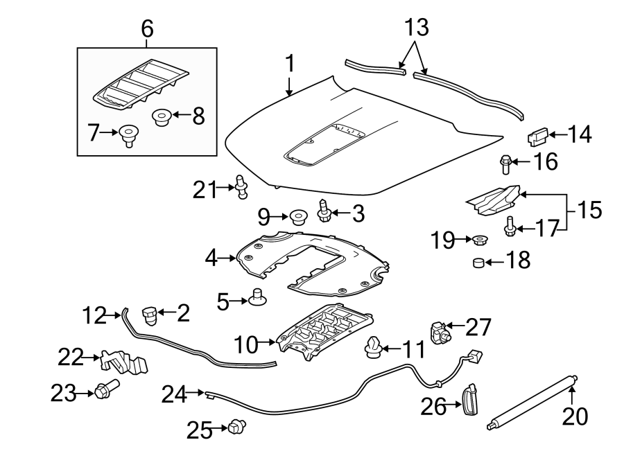 Diagram HOOD & COMPONENTS. for your 1986 Chevrolet Camaro   