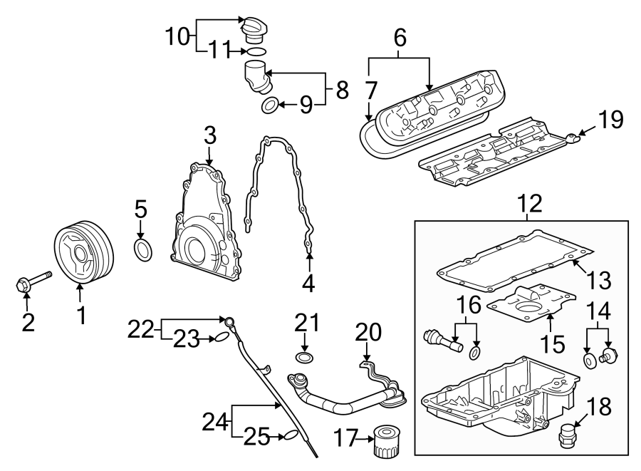 Diagram Engine parts. for your 2006 GMC Sierra 3500 6.0L Vortec V8 M/T 4WD SLT Extended Cab Pickup Fleetside 