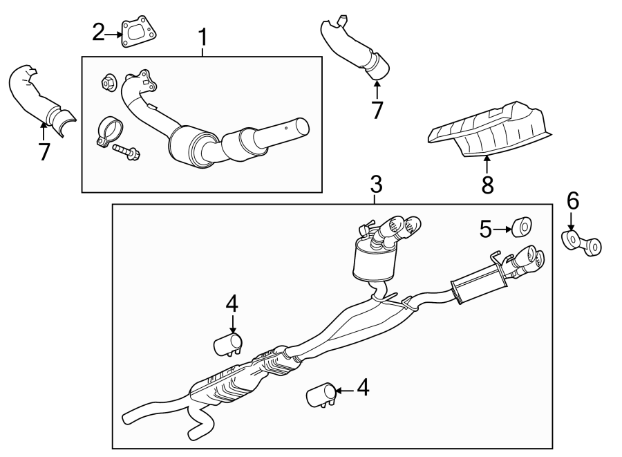 Diagram EXHAUST SYSTEM. EXHAUST COMPONENTS. for your 1992 Chevrolet K3500  Scottsdale Extended Cab Pickup Fleetside 6.5L V8 DIESEL A/T 