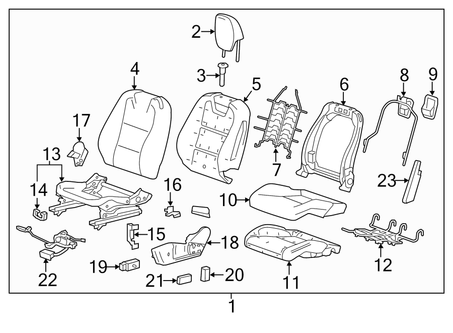 Diagram Seats & tracks. Driver seat components. for your 2023 Chevrolet Camaro LT1 Coupe 6.2L V8 A/T 