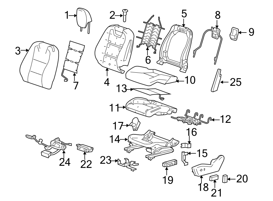 Diagram Frame. Seats & tracks. Driver seat components. for your 2023 Chevrolet Camaro LT1 Coupe 6.2L V8 A/T 