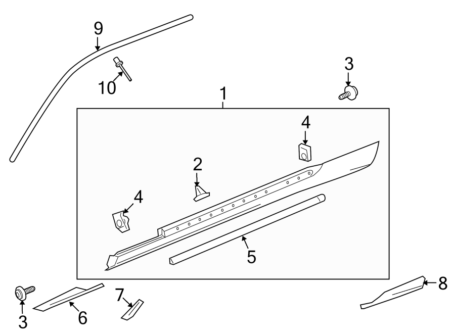 Pillars. Rocker & floor. Exterior trim. Diagram