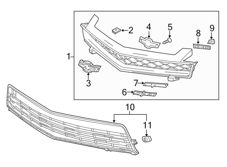 5FRONT BUMPER & GRILLE. GRILLE & COMPONENTS.https://images.simplepart.com/images/parts/motor/fullsize/CD10733.png