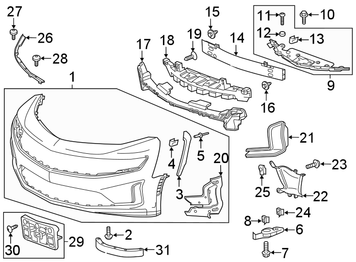 Diagram Front bumper & grille. Bumper & components. for your 2024 Chevrolet Camaro LT1 Coupe 6.2L V8 A/T 