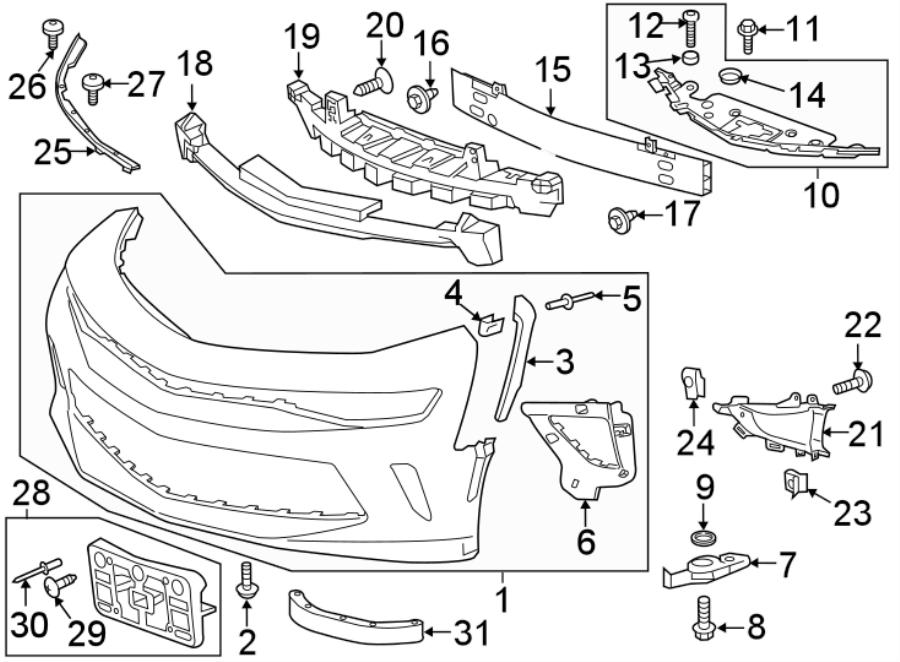 Diagram FRONT BUMPER & GRILLE. BUMPER & COMPONENTS. for your 2016 Chevrolet Camaro LT Coupe 2.0L Ecotec M/T 