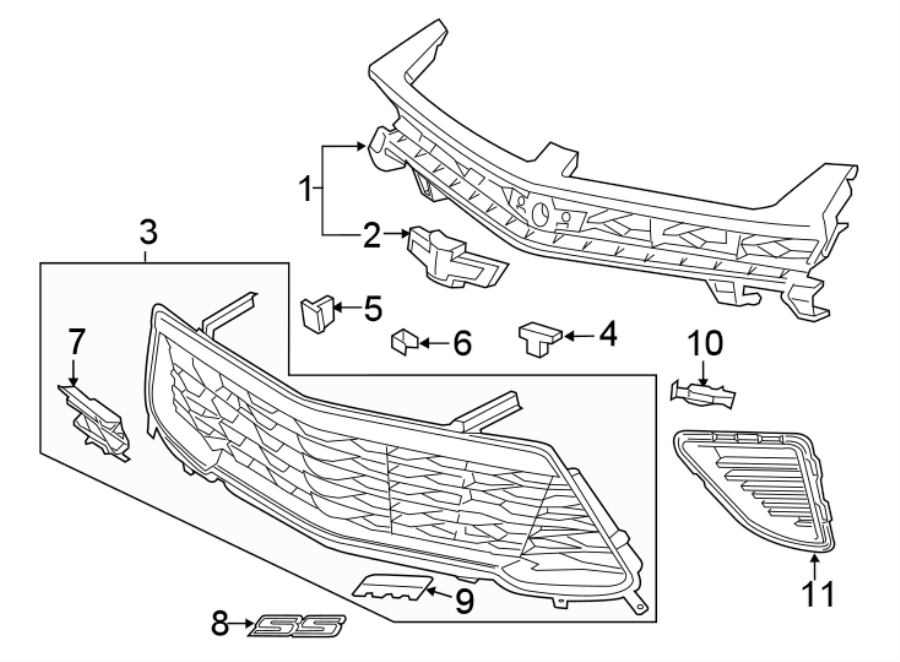 11FRONT BUMPER & GRILLE. GRILLE & COMPONENTS.https://images.simplepart.com/images/parts/motor/fullsize/CD16025.png