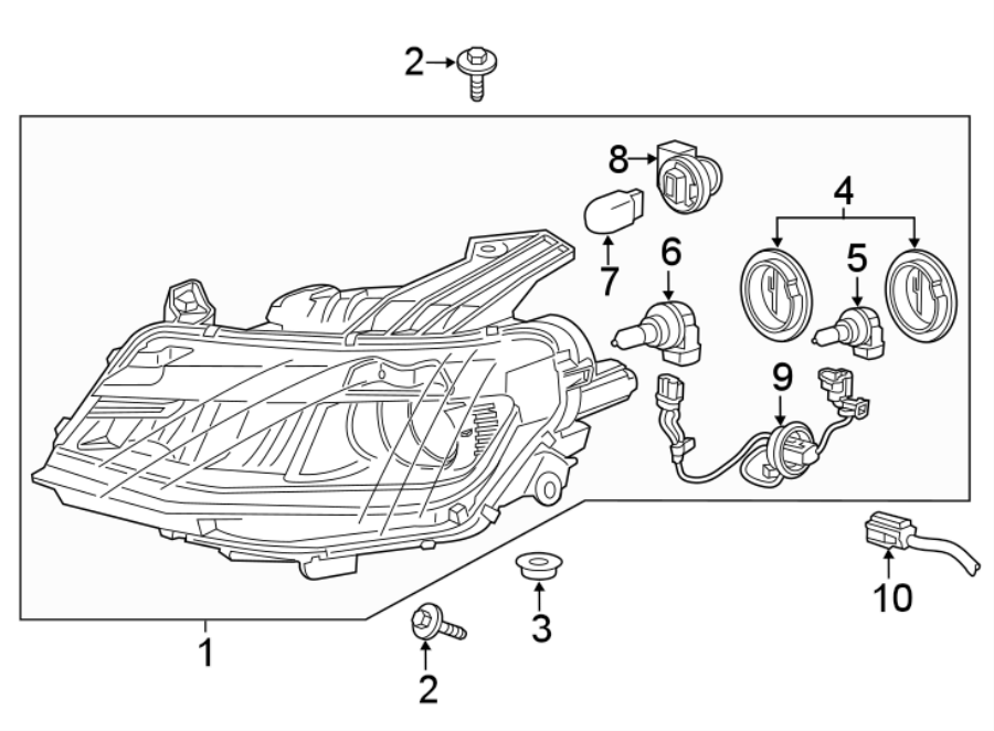 Diagram FRONT LAMPS. HEADLAMP COMPONENTS. for your 2022 Chevrolet Camaro 6.2L V8 A/T LT1 Convertible 