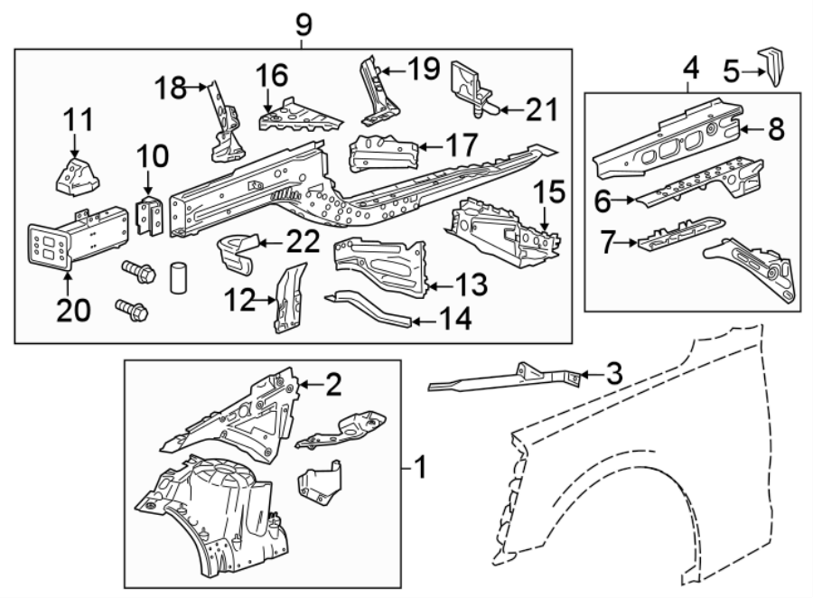 Diagram Fender. Structural components & rails. for your 2011 GMC Sierra 2500 HD 6.6L Duramax V8 DIESEL A/T 4WD SLE Standard Cab Pickup 