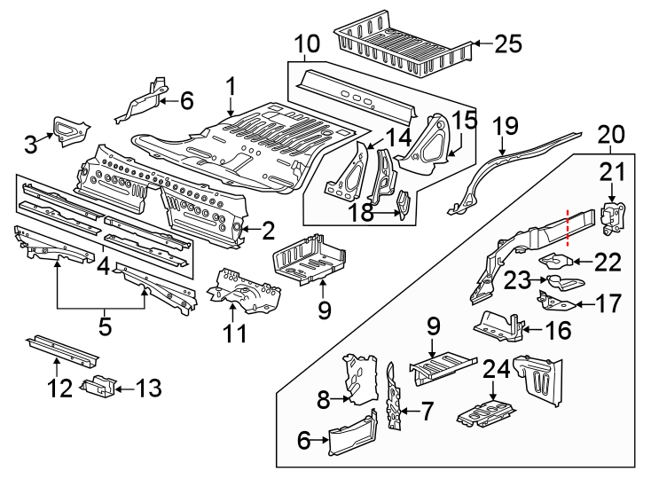 Diagram REAR BODY & FLOOR. FLOOR & RAILS. for your 2021 Chevrolet Camaro LT Coupe 2.0L Ecotec A/T 