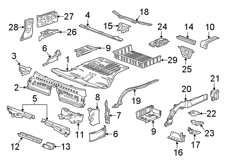 Diagram REAR BODY & FLOOR. FLOOR & RAILS. for your 2019 Chevrolet Camaro 2.0L Ecotec A/T LT Coupe 