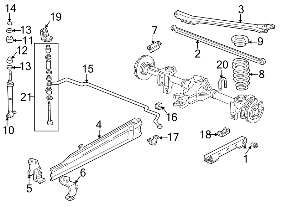 Diagram REAR SUSPENSION. SUSPENSION COMPONENTS. for your 2004 GMC Sierra 2500 HD 6.6L Duramax V8 DIESEL M/T RWD WT Crew Cab Pickup Fleetside 