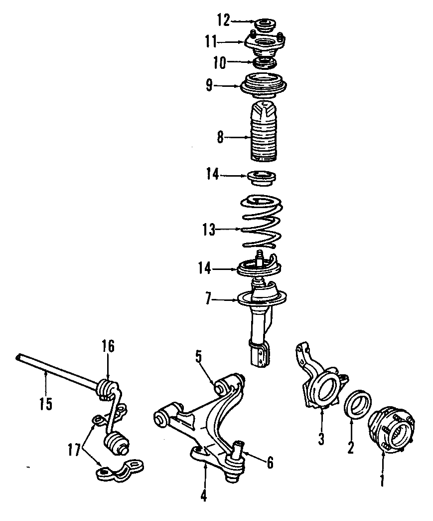 Diagram FRONT SUSPENSION. LOWER CONTROL ARM. STABILIZER BAR. SUSPENSION COMPONENTS. for your 1989 Dodge Lancer 2.5L A/T Shelby Hatchback 