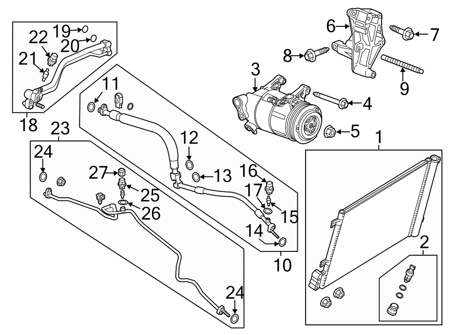 Diagram AIR CONDITIONER & HEATER. COMPRESSOR & LINES. CONDENSER. for your 2021 Chevrolet Camaro LT Coupe 2.0L Ecotec A/T 