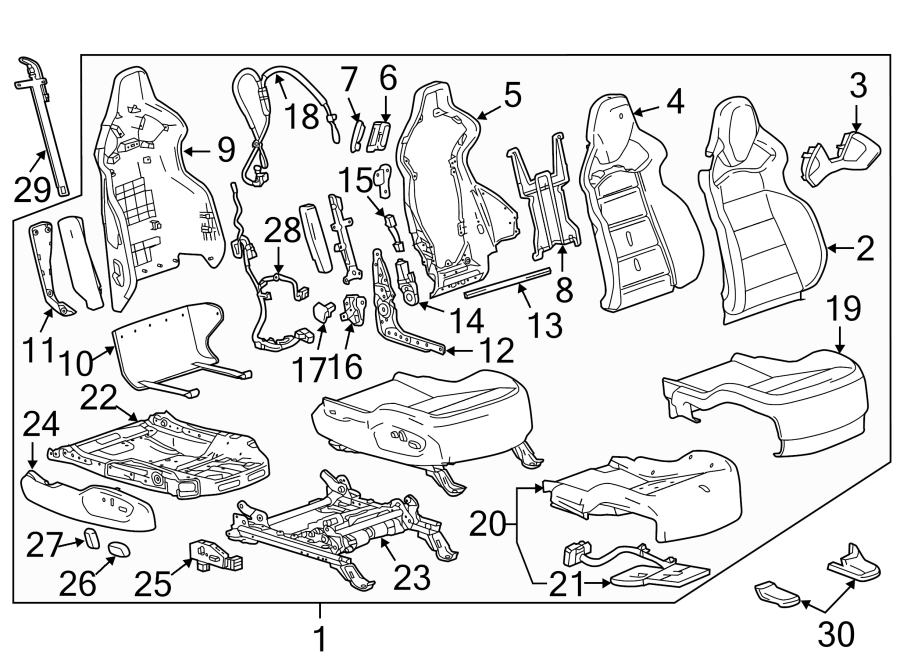 Diagram Seats & tracks. Windshield. Passenger seat components. for your Cadillac Escalade EXT  