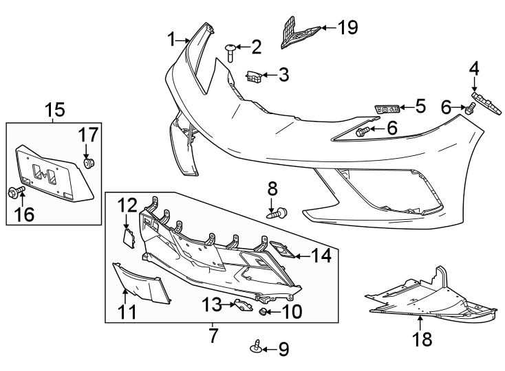 Front bumper & grille. Bumper & components. Diagram