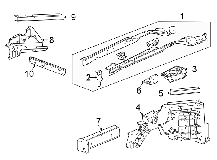 Diagram Fender. Structural components & rails. for your 2021 GMC Sierra 2500 HD 6.6L V8 A/T 4WD Base Extended Cab Pickup 