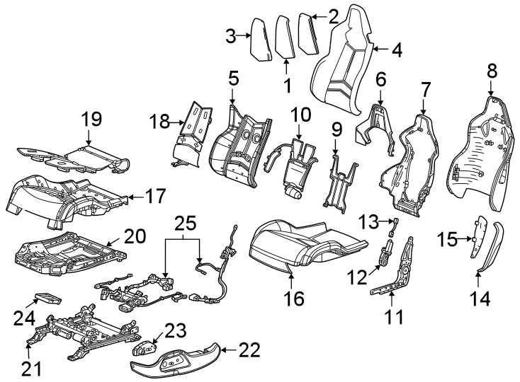 Diagram Seats & tracks. Driver seat components. for your 2024 Chevrolet Silverado 1500 RST Crew Cab Pickup Fleetside 3.0L Duramax 6 cylinder DIESEL A/T RWD 