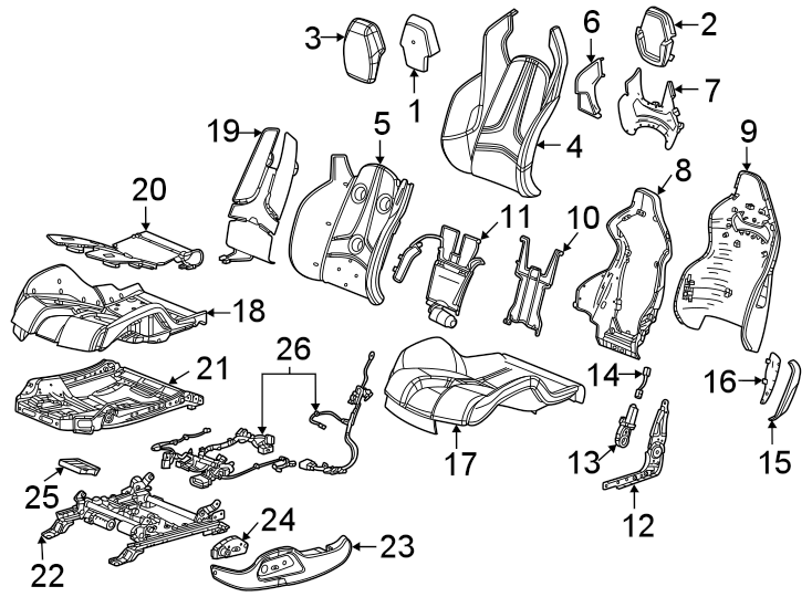 Diagram Seats & tracks. Driver seat components. for your 2024 Chevrolet Silverado 1500 RST Crew Cab Pickup Fleetside 3.0L Duramax 6 cylinder DIESEL A/T RWD 