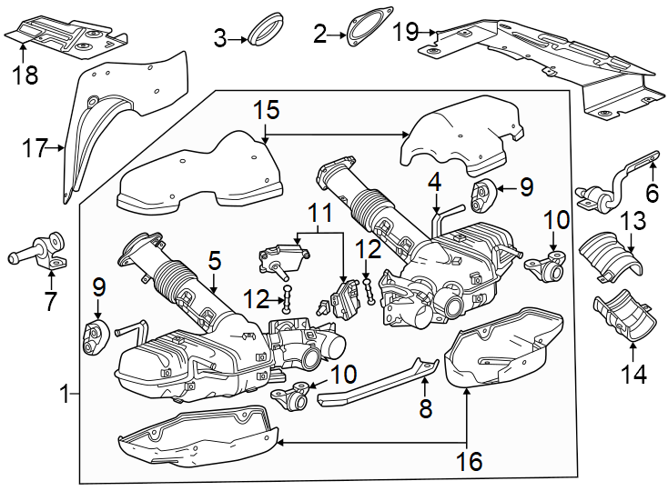 Diagram Exhaust system. Exhaust components. for your 2018 Chevrolet Equinox 2.0L Ecotec A/T FWD LT Sport Utility 