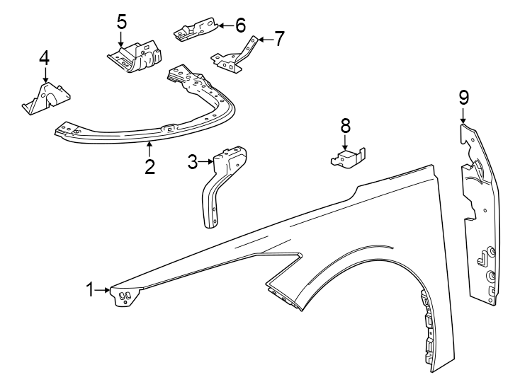 Diagram Fender & components. for your 2021 GMC Sierra 2500 HD 6.6L Duramax V8 DIESEL A/T RWD Base Extended Cab Pickup Fleetside 