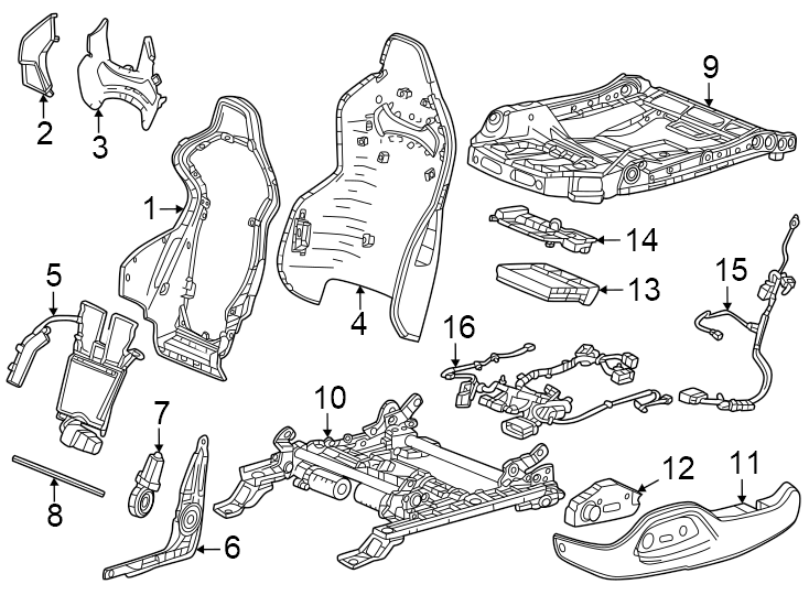 Diagram Seats & tracks. Driver seat components. for your 2018 Cadillac ATS Base Coupe 2.0L Ecotec M/T RWD 