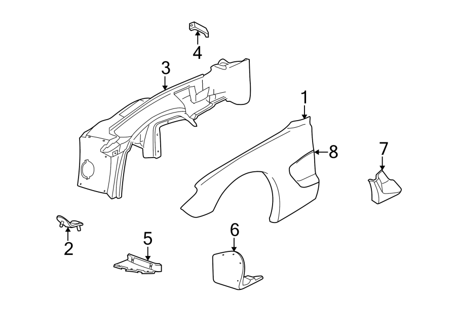 Diagram EXTERIOR TRIM. FENDER & COMPONENTS. for your 2021 GMC Sierra 2500 HD 6.6L Duramax V8 DIESEL A/T RWD Base Extended Cab Pickup Fleetside 