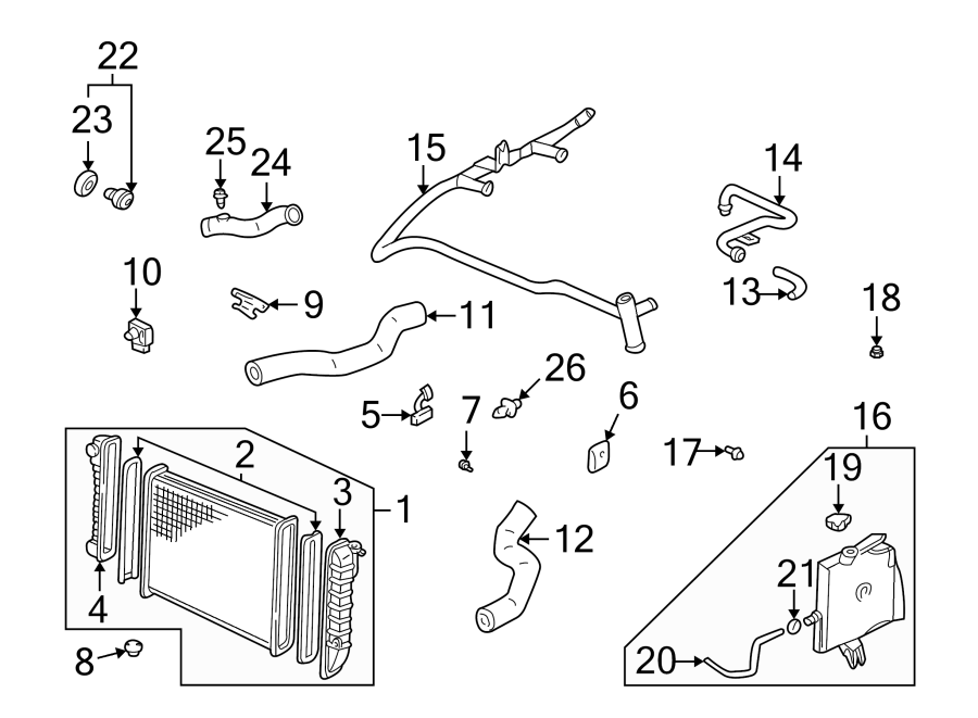 Diagram RADIATOR & COMPONENTS. for your 2021 Chevrolet Camaro LT Coupe 2.0L Ecotec A/T 