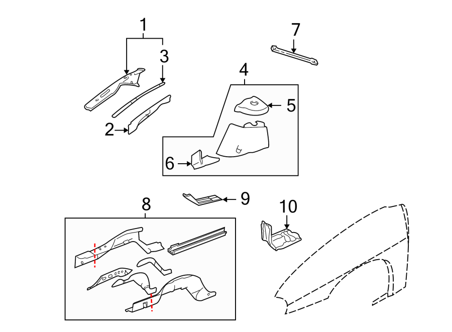 Diagram FENDER. STRUCTURAL COMPONENTS & RAILS. for your 2024 Cadillac XT4   