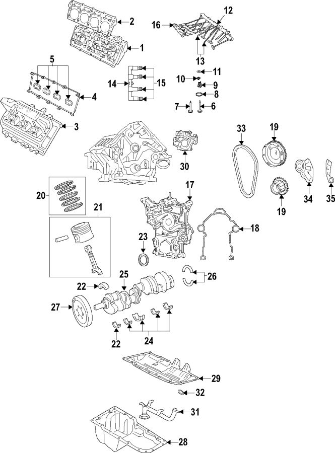 CAMSHAFT & TIMING. CRANKSHAFT & BEARINGS. CYLINDER HEAD & VALVES. LUBRICATION. MOUNTS. PISTONS. RINGS & BEARINGS. Diagram