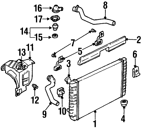 Diagram RADIATOR & COMPONENTS. for your 1995 Chevrolet K2500  Base Standard Cab Pickup Fleetside 4.3L Chevrolet V6 A/T 