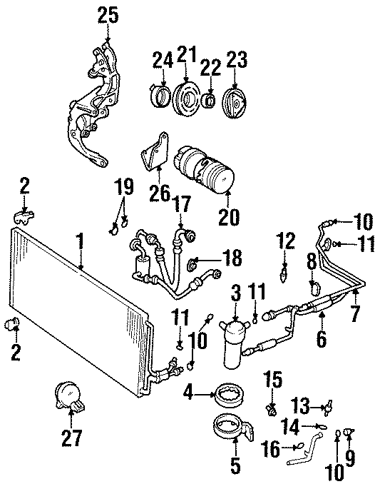 Diagram AIR CONDITIONER & HEATER. COMPRESSOR & LINES. CONDENSER. for your 1987 Chevrolet Celebrity Eurosport Coupe 2.8L Chevrolet V6 A/T 