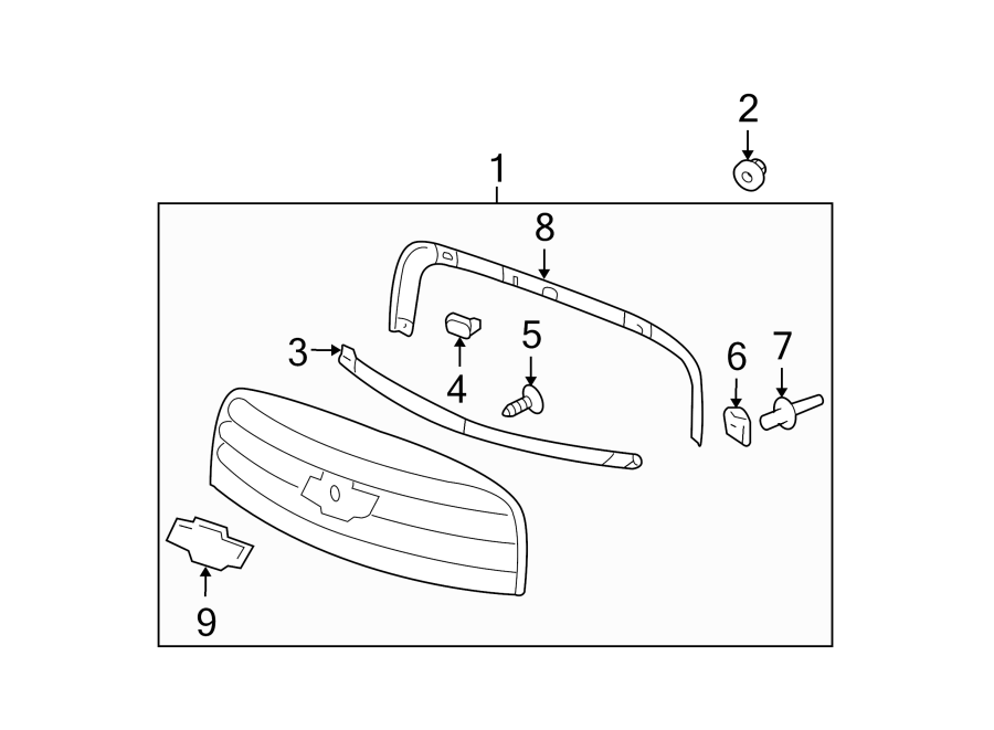 Diagram Hood & grille. Rear body & floor. Grille & components. for your 2024 Chevrolet Equinox EV   